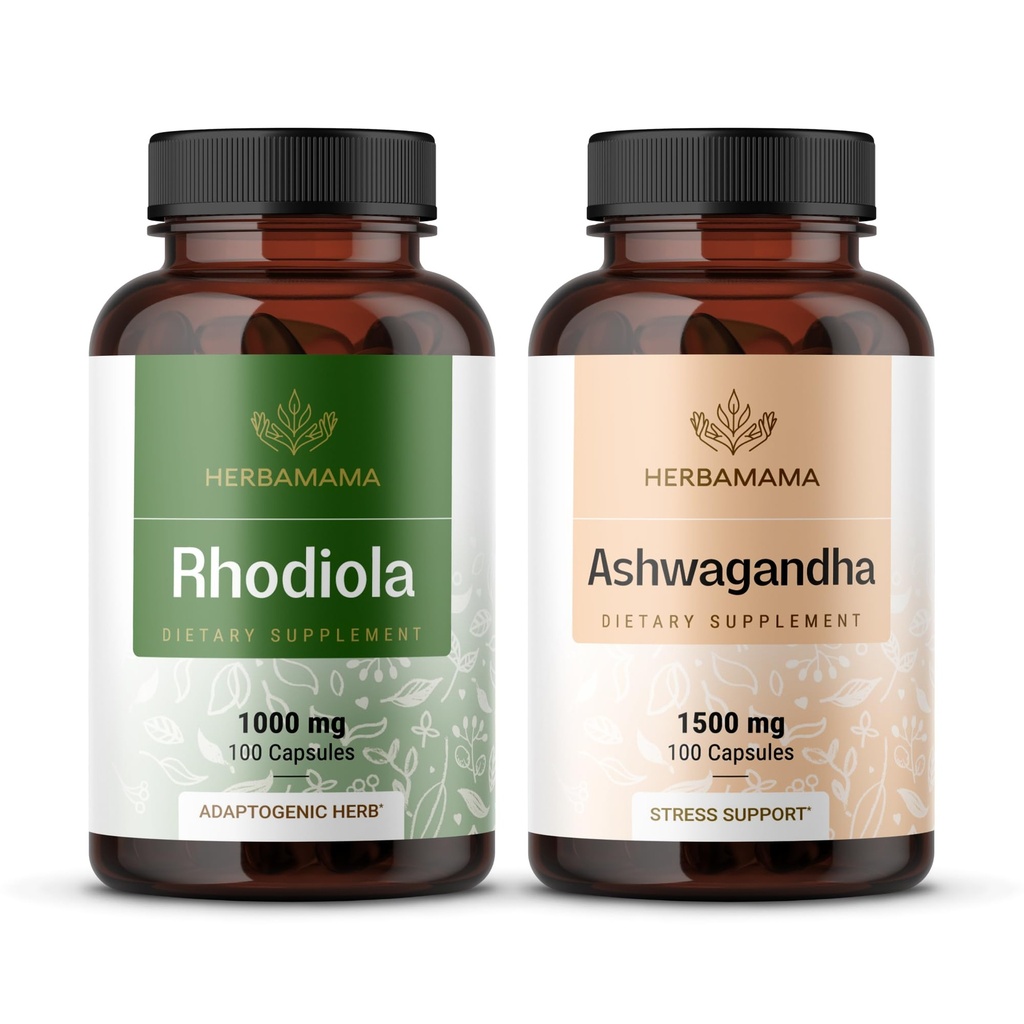 HERBAMA Rhodiola Rosea 및 Ashwagandha 키트 - 1000 mg Rhodiola Rosea 캡슐 및 1500 mg Ashwagandha 뿌리 캡슐의 번들 - Vegan, Non-GMO, Gelatin-Free - 2 팩