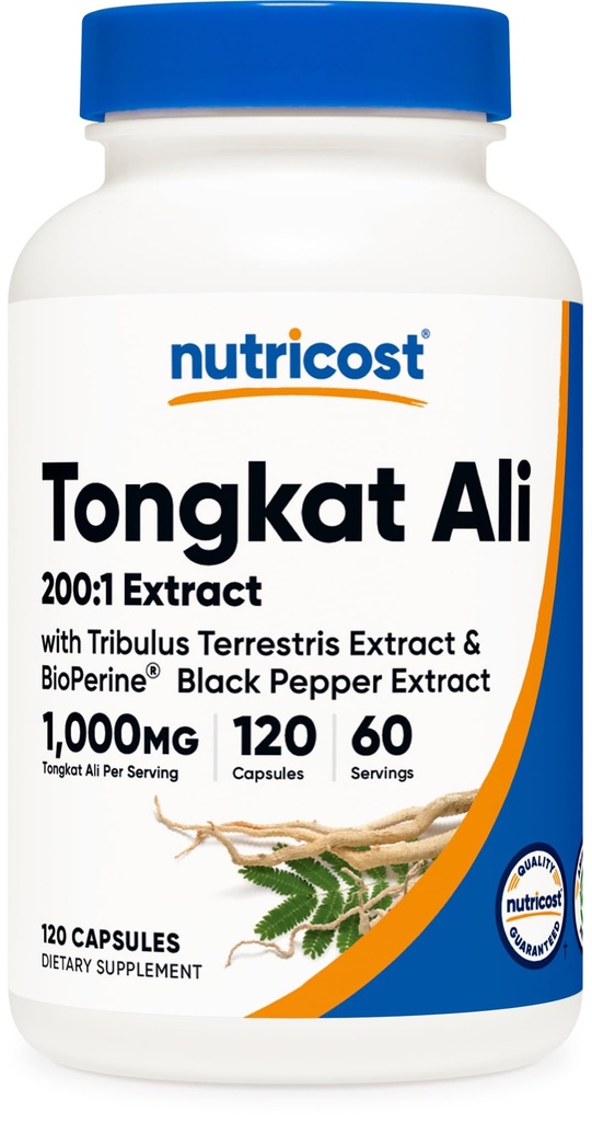 Nutricost Tongkat Ali 1,000mg 120 캡슐 - Tribulus Terrestris 및 BioPerine, 채식 모자, 비 GMO, 글루텐 무료, 유력한 추출물