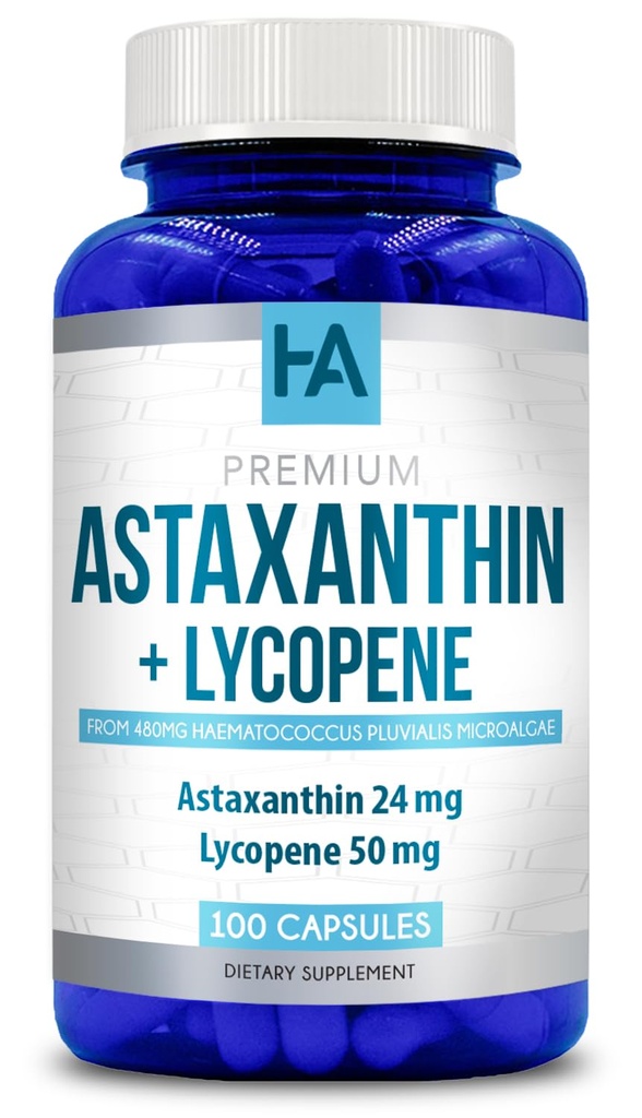 Astaxanthin과 Lycopene 보충교재 | Lycopene 50mg 플러스 Astaxanthin 24mg Carotenoids 탄닝 피부 관리 시각 & 심장 건강 지원 | Vegan & Non-GMO (100 Veggie 캡슐)