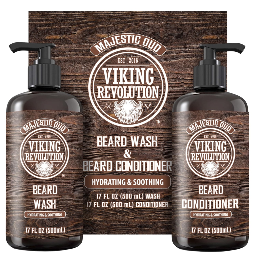 Viking Revolution은 Argan Oil 및 Jojoba Oil을 가진 남자를위한 세탁 및 Beard 컨디셔너 - Beard Softener 및 Strengthener Beard Care Beard 샴푸 및 컨디셔너 - Beard Oil (17oz, Majestic Oud)