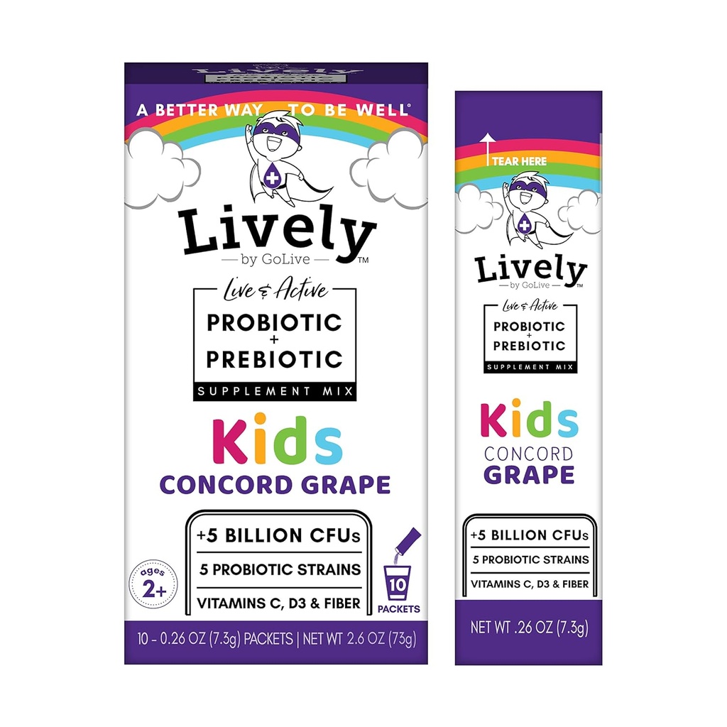 (GoLive에 의하여) KIDS CONCORD GRAPE Synbiotic (Probiotics+Prebiotics); 5 임상 균류; +5 억 CFUs. Probiotics & Prebiotics KIDS for Digestion, Metabolism, 면역성. (10 팩)