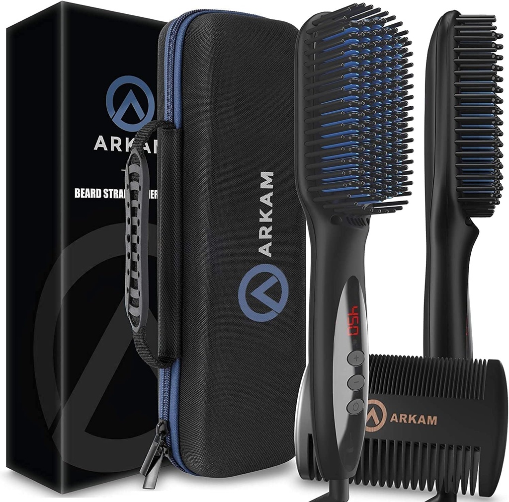 Arkam Beard Straightener for Men -Premium Heated Beard Brush Kit w/Anti-Scald Feature, Dual Action Hair Comb and Hard Shell Travel Case for Medium to Long Beards - 의상 및 남성용 선물