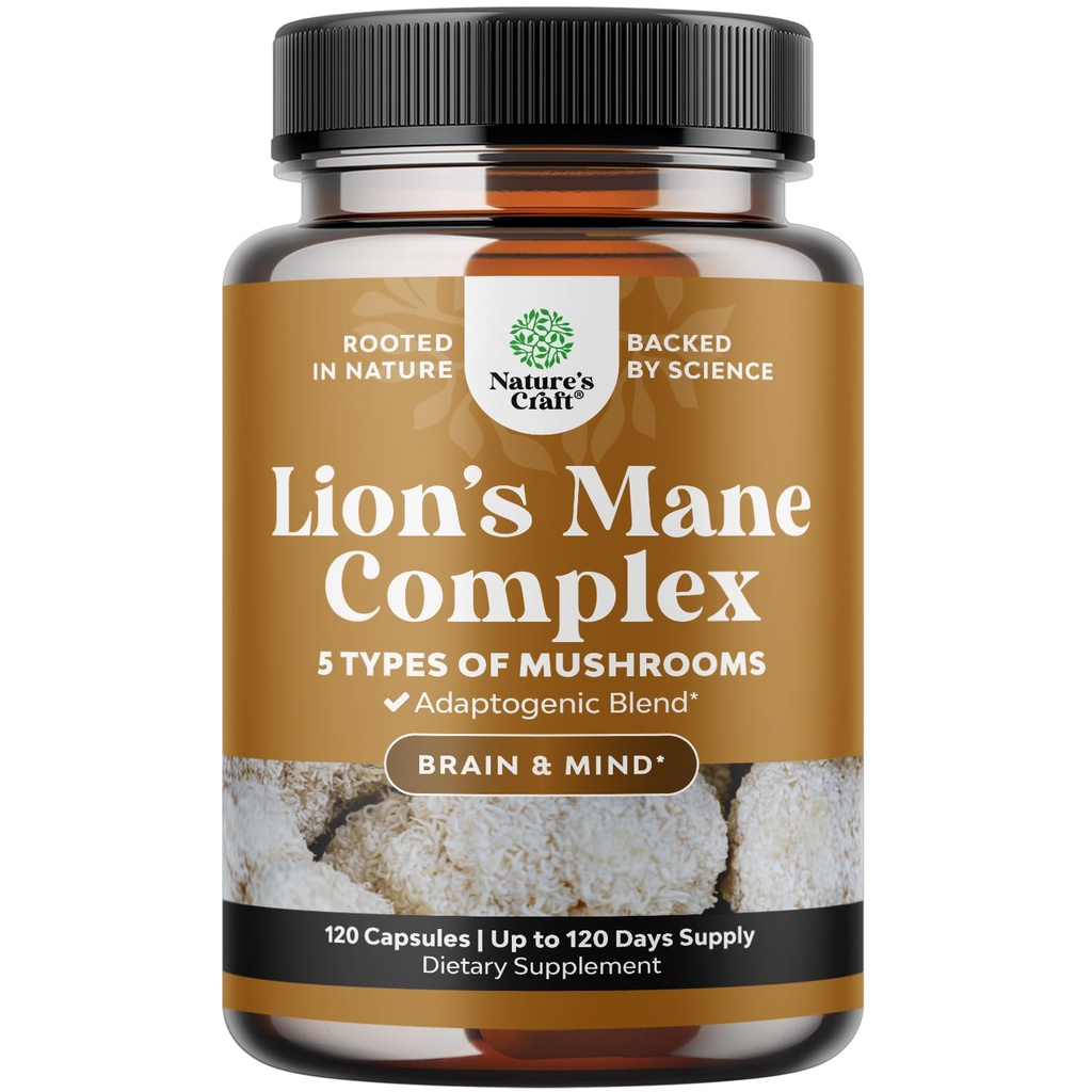 고급 사자 Mane 버섯 보충 - 사자 Mane 보충 캡슐 Reishi, Chaga, Maitake & Brain Health Memory Support & Focus - Nootropic for Mental Clarity - 120 Caps