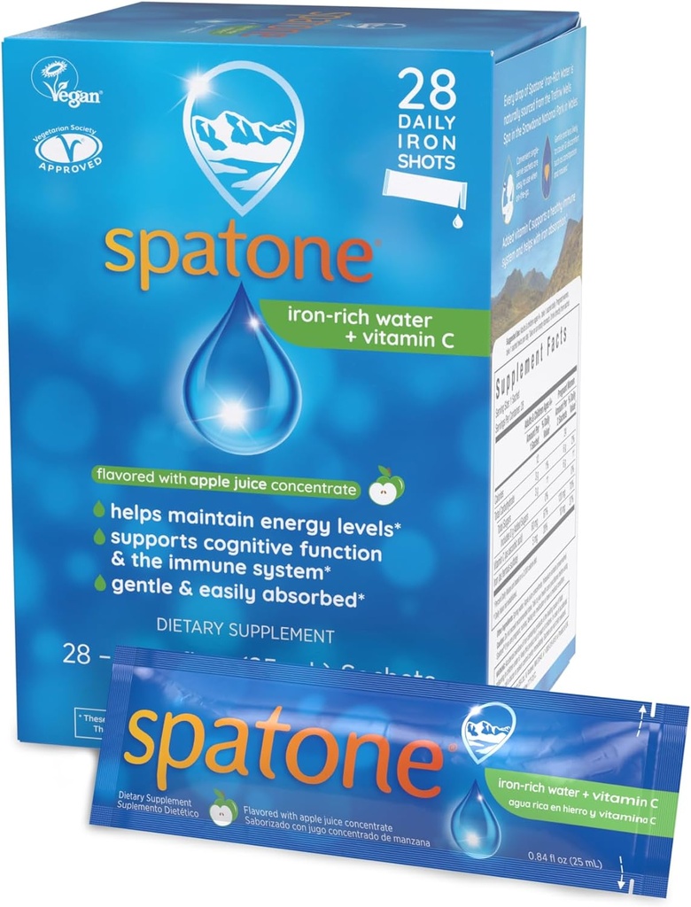 Spatone 여성을위한 자연 액체 철 보충 플러스 VIT C - 남자 & 아이 나이 4 - 임신 중 이상 - 쉽게 흡수 및 Gentle - Vegan - 사과 맛 - 28 일 - 20mL Sachet 당 철 5mg