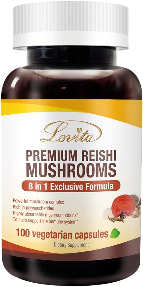 Lovita Mushroom Supplement, 8 에 1 Mushroom Complex, 사자 Mane, Cordyceps CS-4, Reishi Spores, 터키 꼬리, Maitake, 자연 에너지, 기억 지원 및 면역 지원. 100 Vegan 캡슐
