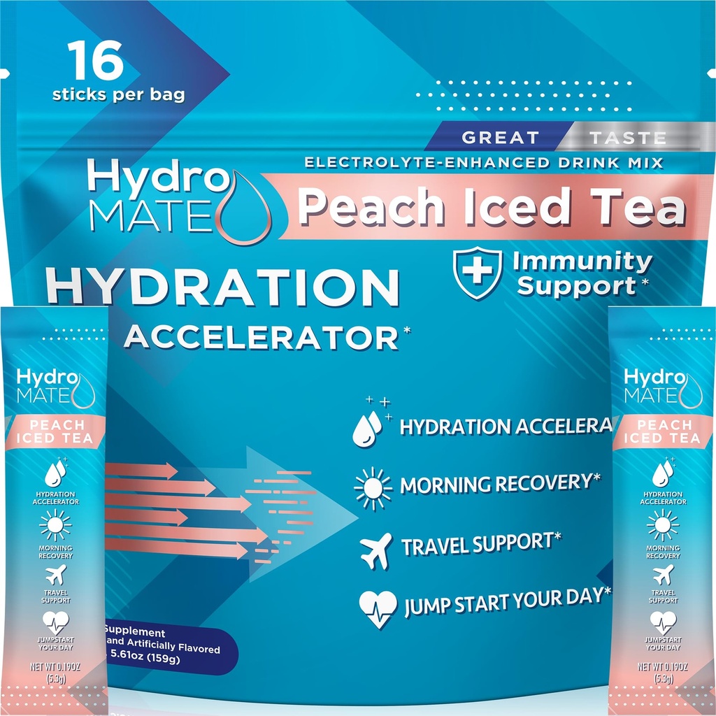 HydroMATE Electrolyte 분말 복숭아 차 Hydration 소포 낮은 설탕 16 조사