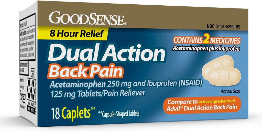 GoodSense 이중 활동 Acetaminophen와 Ibuprofen (NSAID) 정제, 250 mg/125 mg의 뒤 고통, 18 조사