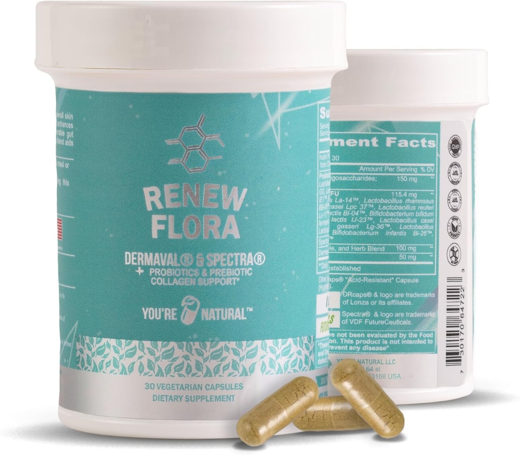 Renew Flora - 고급 교원질 & 피부 지원 - 항 산화제 플러스 소화 효소 및 임상 연구와 여성 및 남성 지원 - Lactobacillus 및 12 등록된 probiotics - 30 일 공급