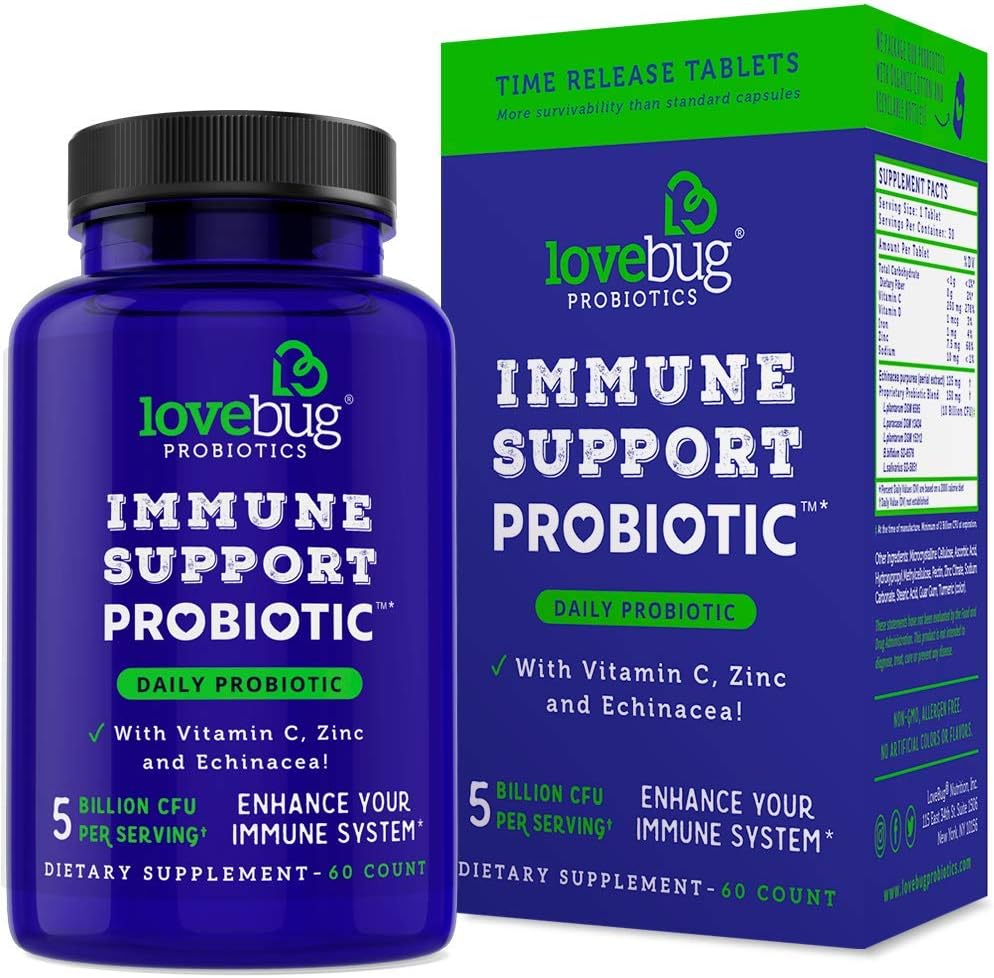 lovebug PROBIOTICS Immune 지원 남자 & 여자, 40 억 CFU & 6 Strains, 포함 비타민 C, 아연 & Echinacea, 30 캡슐, Vegan & 비 GMO