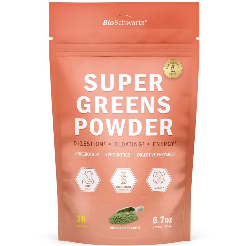 BioSchwartz Greens Powder Super Greens with Probiotics, Prebiotics, Digestive Enzymes & 43 Green Superfoods - Chlorophyll, Bilberry, Chlorella, Spirulina - 놀라운 맛 - 30 서빙