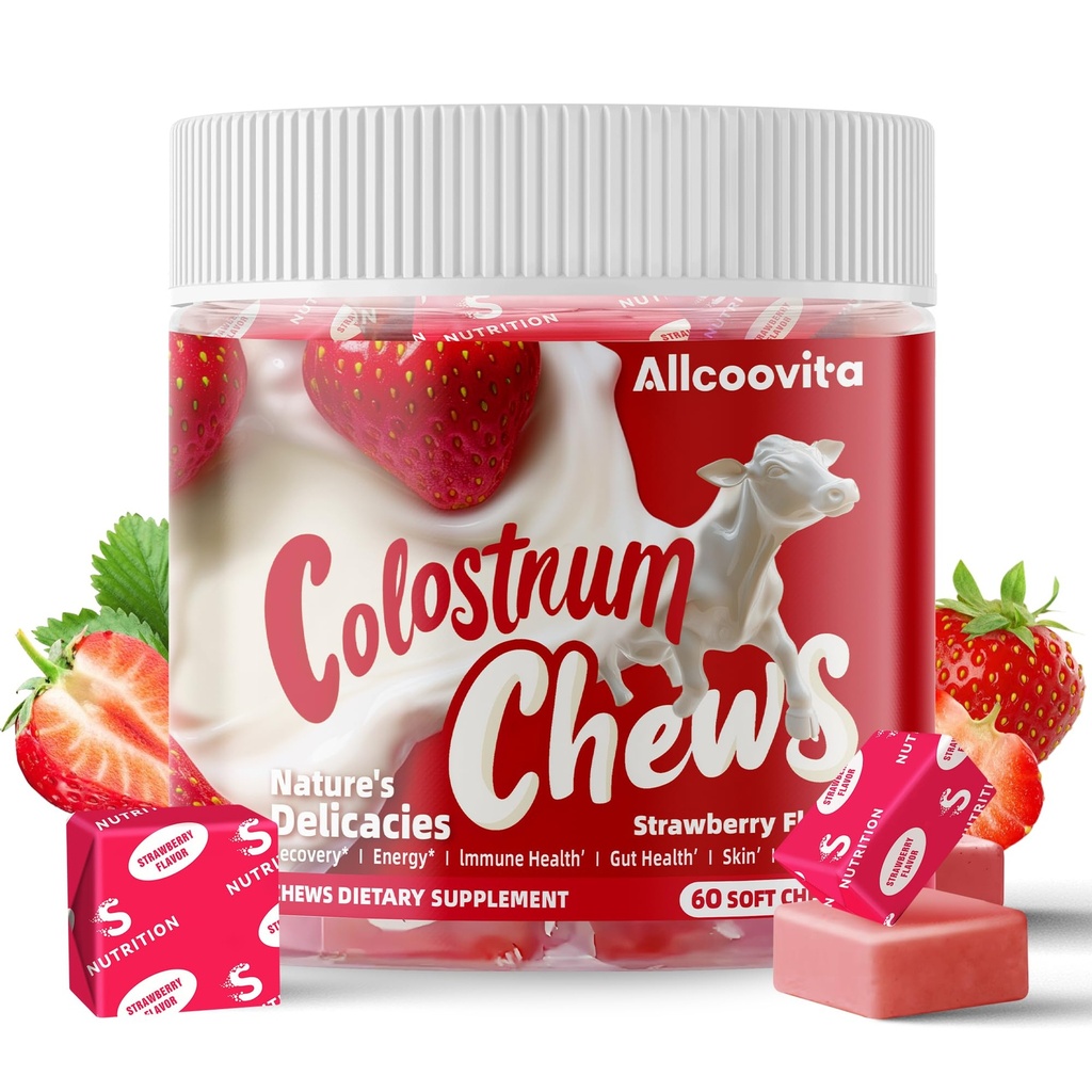 Bovine Colostrum Chews Gut Health, Bloating, Immune Support, Skin, Hair growth and Beauty - Strawberry flavor (60 인분)