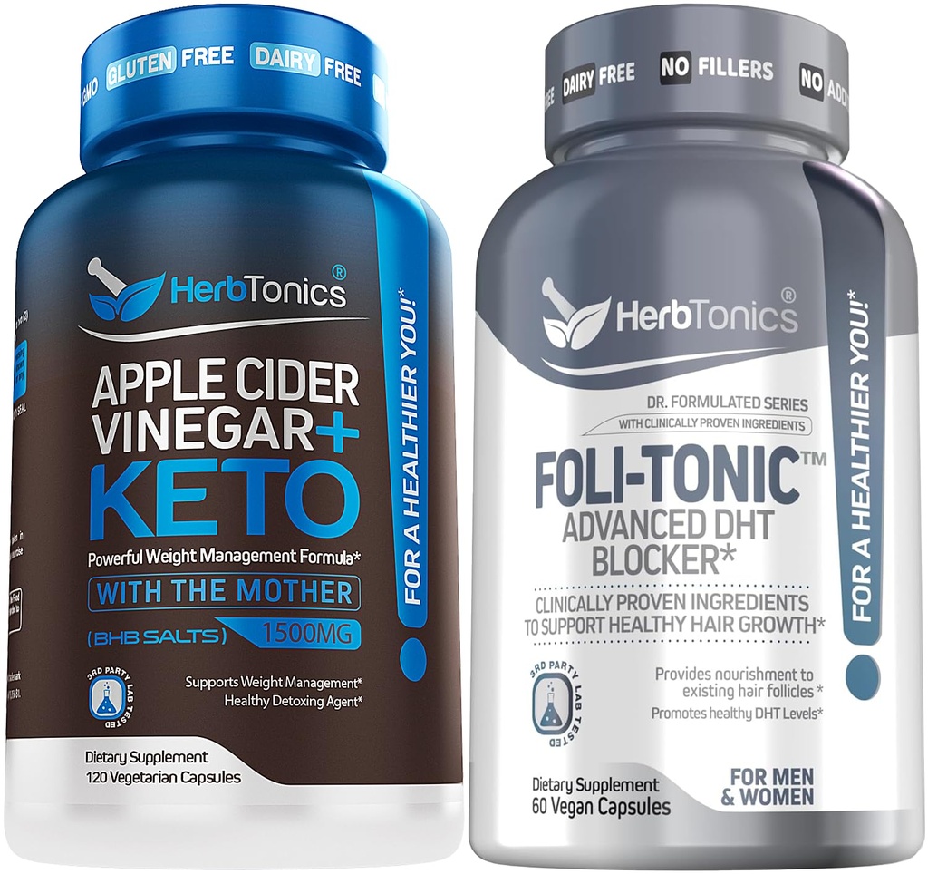 Herbtonics Apple Cider Vinegar 캡슐 플러스 Keto BHB | 여성 및 남성을위한 뚱뚱한 가열기 및 체중 감소 보충교재 - Foli-Tonic DHT 차단제 & 탈모 보충교재 | 더 얇은 처리