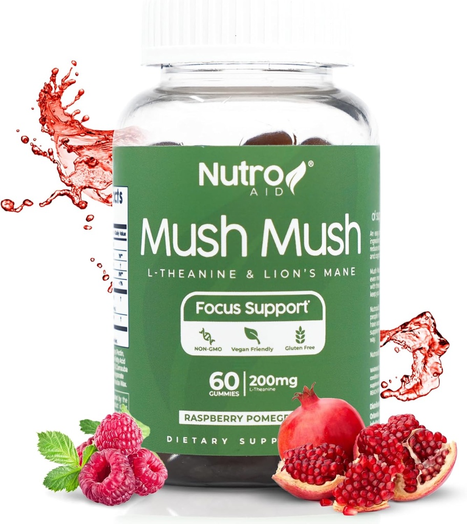 Lions Mane Supplement - 버섯 Gummies - Mush Mush Genius Mushrooms Magic Mind - L-Theanine & Lions Mane와 초점 촉진 - Perk Energy 용 라즈베리 및 석류 풍미 - 60 Gummies
