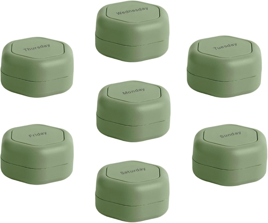 Cadence Travel Containers - 알약 케이스 세트 - 마그네틱 여행 캡슐, 매일 약 주최자, 보충제, & 비타민 - 7 플렉스 작은 (0.56oz) 주간 알약 주최자 - Eucalyptus