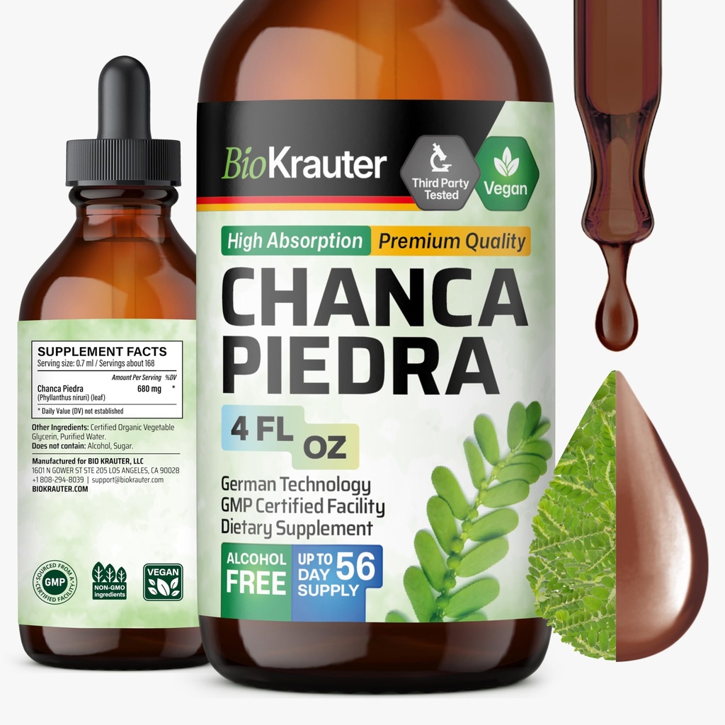 BIO KRAUTER Chanca Piedra Tincture - 자연적인 Kidney 건강 지원 액체 - Chanca Piedra 돌 차단기 & Gallbladder Cleanse 공식 - 채식주의자, 알콜 & 설탕 자유로운 하락 - 4개 oz