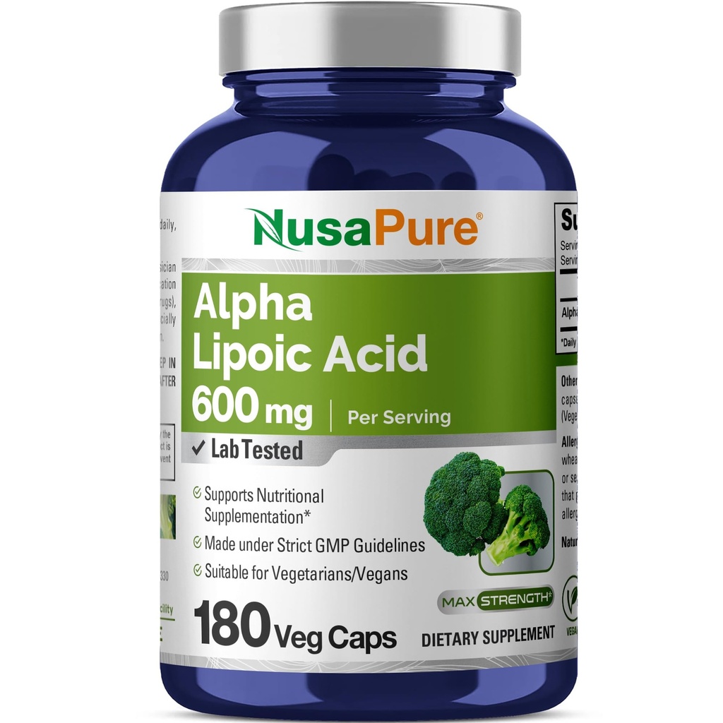 NusaPure 알파 Lipoic 산 600 mg 서빙 180 Veggie 캡슐 (Vegetarian, Non-GMO, Vegan)