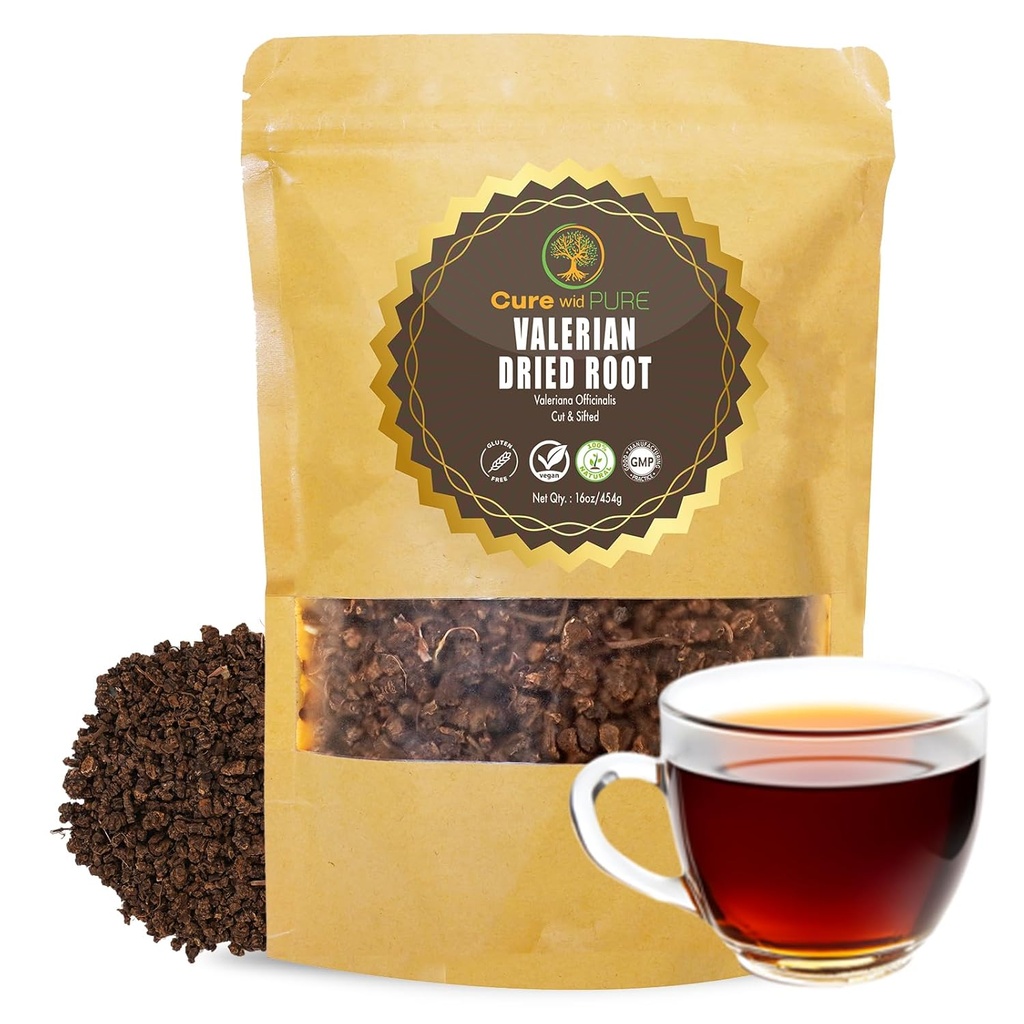 Cure wid 순수한 유기 Valerian 뿌리 차 - 커트, Sifted & 비 Irradiated Valerian 차는 자연적인 Relaxing 잠을 승진시킵니다 - Resealable Eco 친절한 주머니 16oz에 있는 Te De Valeriana officinalis