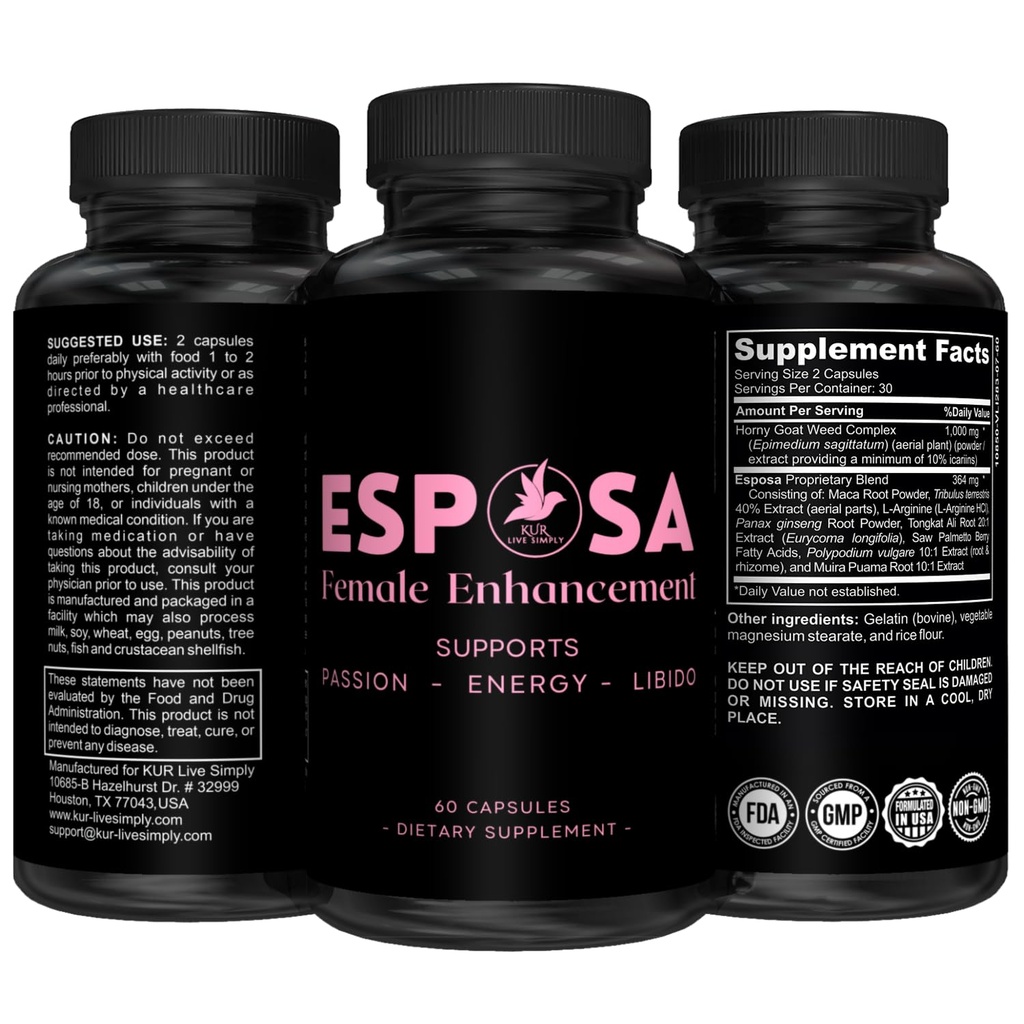 여성을위한 Esposa 여성 리비도 부스터 - Reignite Passion, 증가 에너지 & 감도, Boost Mood & Desire - Horny Goat Weed와 함께 미국 천연 여성 증진 알약 - 60 캡슐