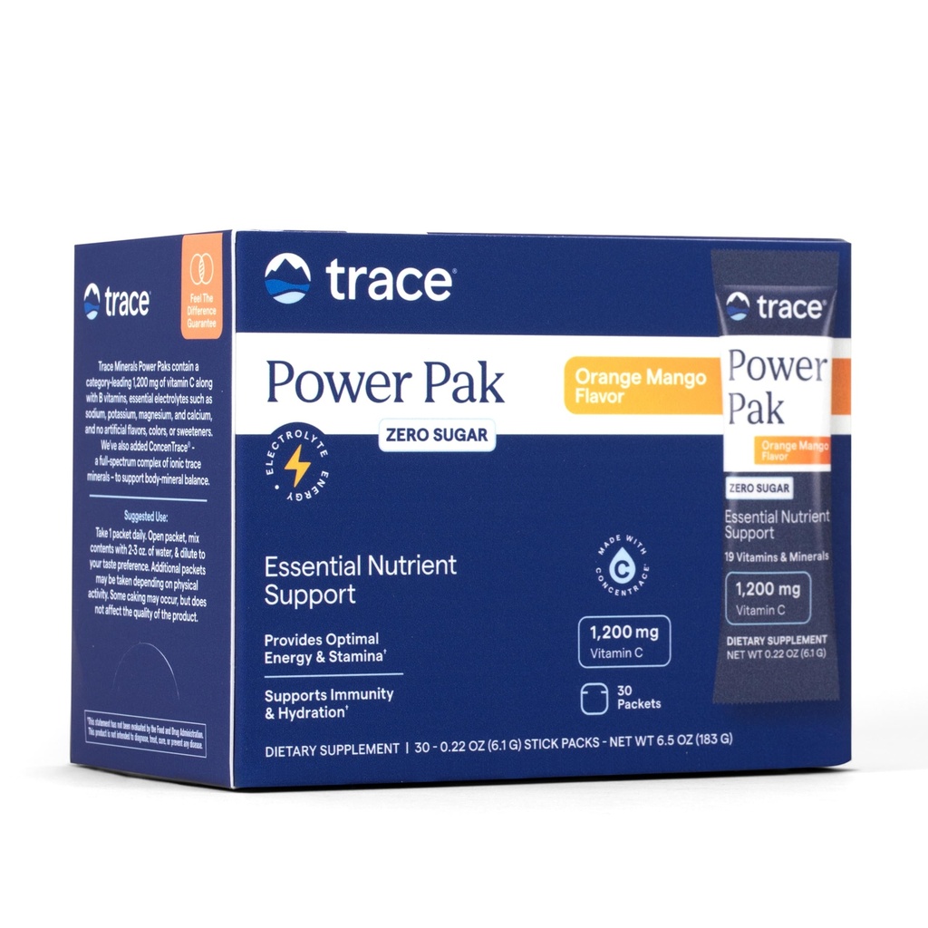 Trace 무기물 힘 Pak Multivitamin와 Multimineral Packets - 전해질 지원 - 1200 mg 비타민 C 플러스 70 설탕 무료 - 오렌지 망고 맛 - 30 패킷