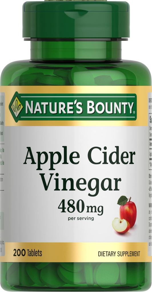 Nature 's Bounty Apple Cider Vinegar 480mg 알약, 채식 보충교재 식물 기반, 200 정제