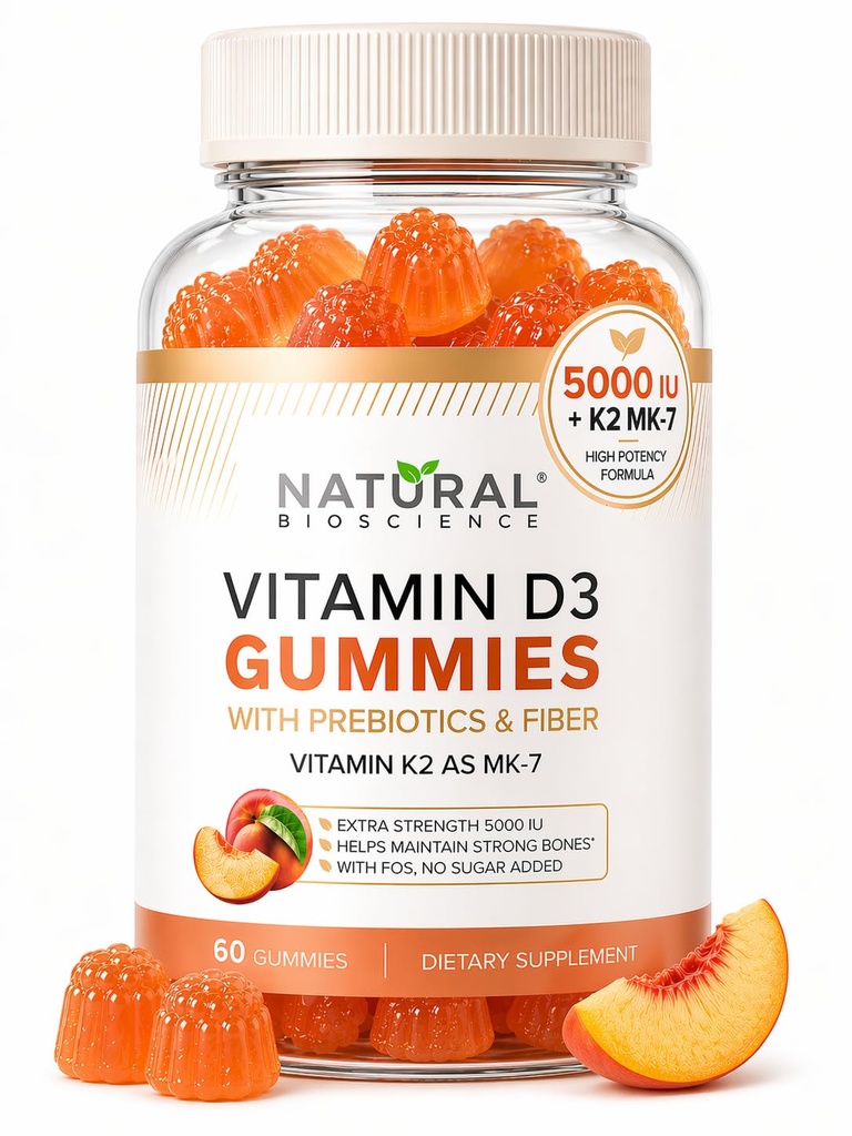 설탕 자유로운 비타민 D3 K2 Gummies - 비타민 D3 Gummies 5000 IU+K2 MK7 80 mcg, K2 D3 비타민 보충교재 성인, 뼈를 위한 비타민 D K2, 면역, 심장, 무취, 글루텐 자유로운, 비 GMO, 자연적인 복숭아 풍미