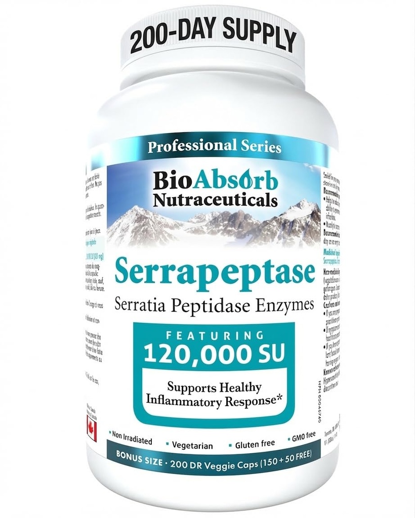 생물은 Serrapeptase 효소, 높은 힘 120000 단위 (SPU), 200 일 공급, 최대 흡수를 위한 지연된 방출 채식 캡슐 (DRcaps)를 흡수합니다