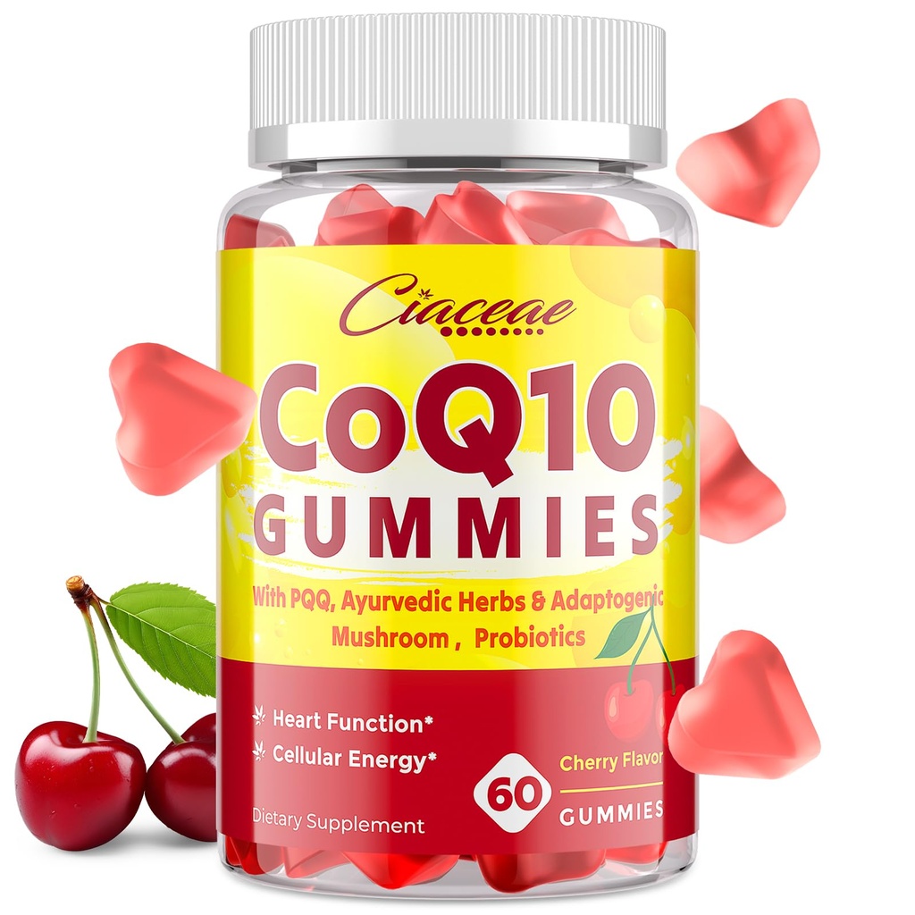 PQQ - 400 MG Coenzyme Q10 높은 Potency를 가진 CoQ10 Gummies는, Ayurvedic 허브, 심장, 뇌, 에너지, 면역력, 체리 맛, 60 Vegan Gummies를 위한 적응성 버섯 혼합 & Probiotics로 강화했습니다