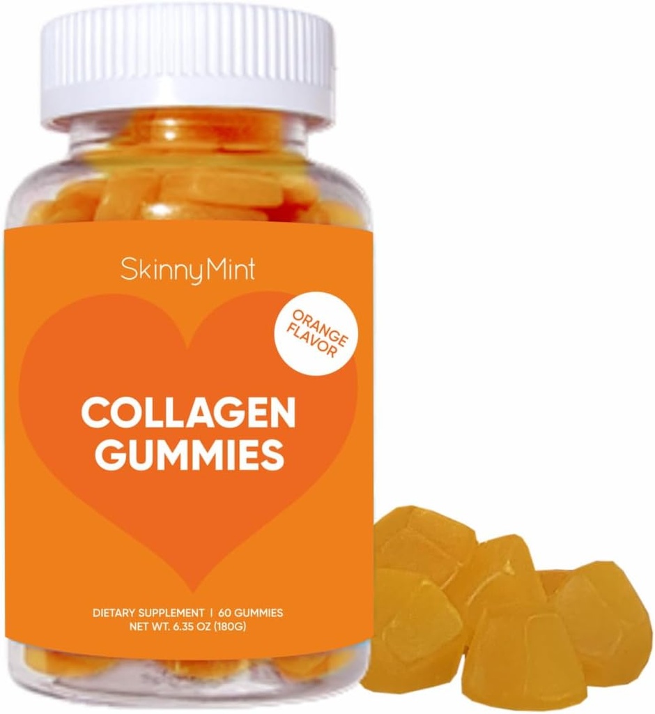 스키니민트 교원질 Gummies 건강한 피부를 위한 보충교재, 못 & 머리 지원, 남자 & 여자를 위한 글루텐 자유로운 교원질 Chewable Gummies, 자연적인 오렌지 풍미 -60 조사 (180G) - 1 달 공급