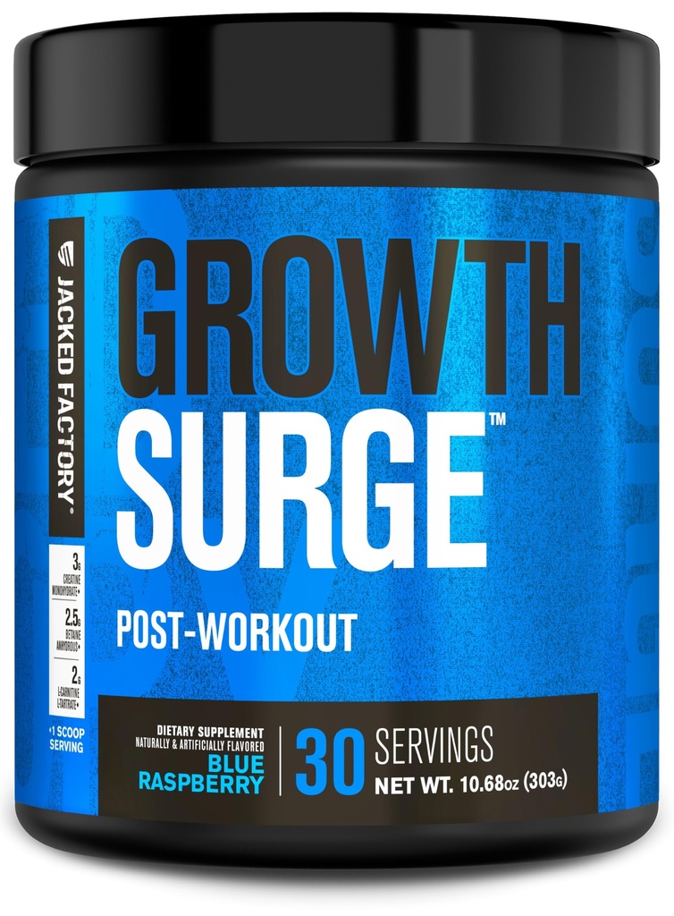 Jacked Factory Growth Surge Creatine Post Workout w/L-Carnitine - Creatine Monohydrate, Betaine, L-Carnitine L-Tartrate - 30 서빙, 블루 라즈베리와 함께 매일 근육 빌더 및 복구 보충