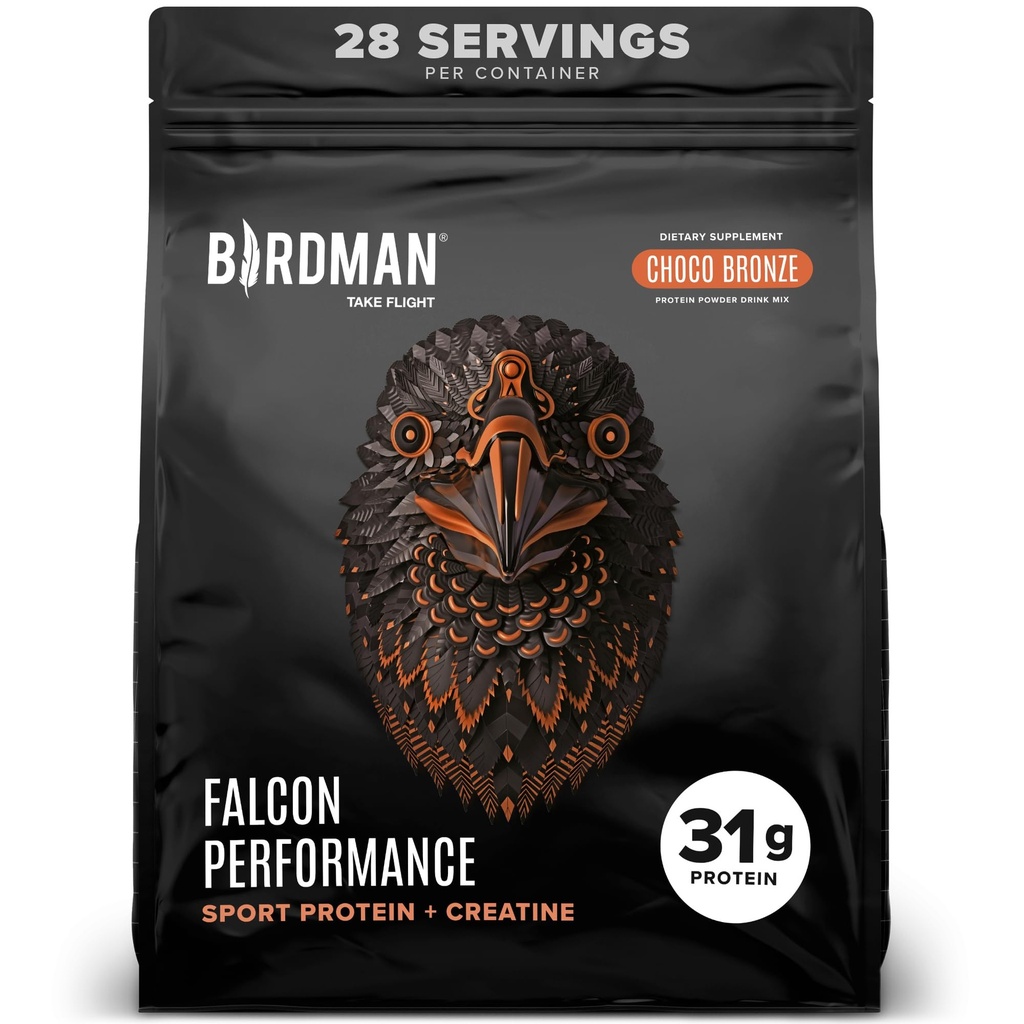 Birdman Falcon 성능 Vegan Protein Powder, 31g Protein, 5g Creatine, 5g BCAA, Probiotics, Electrolytes, Pre Workout, Low Carb, Sugar Free & Dairy Free, Plant Based Chocolate Protein, 28 서빙