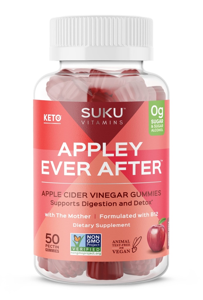 SUKU Appley Ever After Gummies – 메틸을 입힌 B12 & Folate를 가진 Apple Cider Vinegar – 설탕 자유로운, 글루텐 자유로운, Vegan Detox & 에너지 지원 – 놀라운 애플 풍미 – 50 조사
