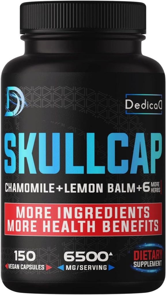 9in1 Skullcap 허브 보충 5 개월 건강 수면, 계류 및 면역 - 6500mg Chamomile, 레몬 발름, 열정 꽃, Ashwagandha 및 더 많은, 비 GMO, 글루텐 - 무료, 150 Vegan 캡슐과 농축