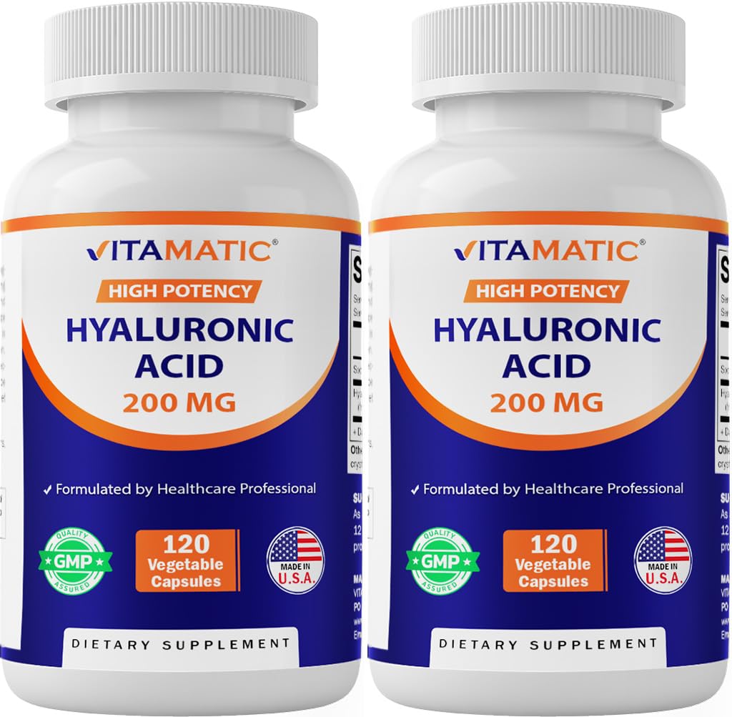 Vitamatic 2 팩 Hyaluronic 산은 200mg를 보충합니다 - 건강한 연결 조직 및 합동을 지원합니다 - 유년한 건강한 피부를 승진시킵니다 - 총 240의 캡슐