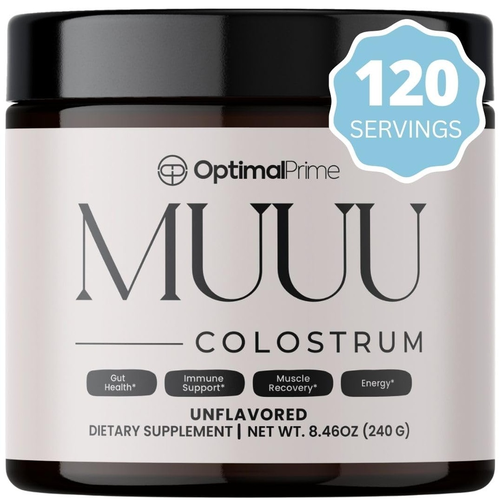 Optimal Prime - MuUU Bovine Colostrum Supplement and Superfood Powder for Gut Health, Bloating, Immune Support, Hair, Skin 및 Nails Unflavored, 120 서빙