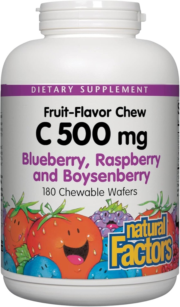 자연적인 요인, 아이 Chewable 비타민 C 500 mg의 지원 면역력, 뼈, 이 및 Gums, 블루베리, 라즈베리 및 Boysenberry, 180 조사 (1의 포장)