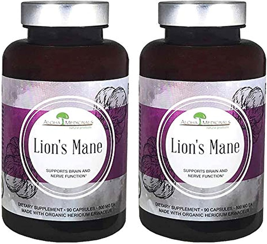 Aloha Medicinals Lion 's Mane, 인증 유기농 버섯 보충, 팩 2, 90 캡슐 각각