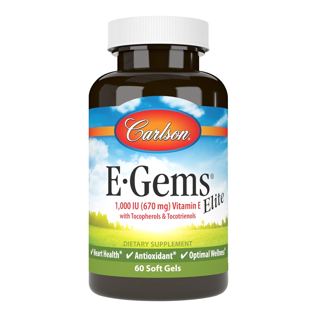 Carlson - E-Gems Elite, 1000 IU (670 mg) 비타민 E Tocopherols 및 Tocotrienols, 최적의 웰빙, 60 Softgels