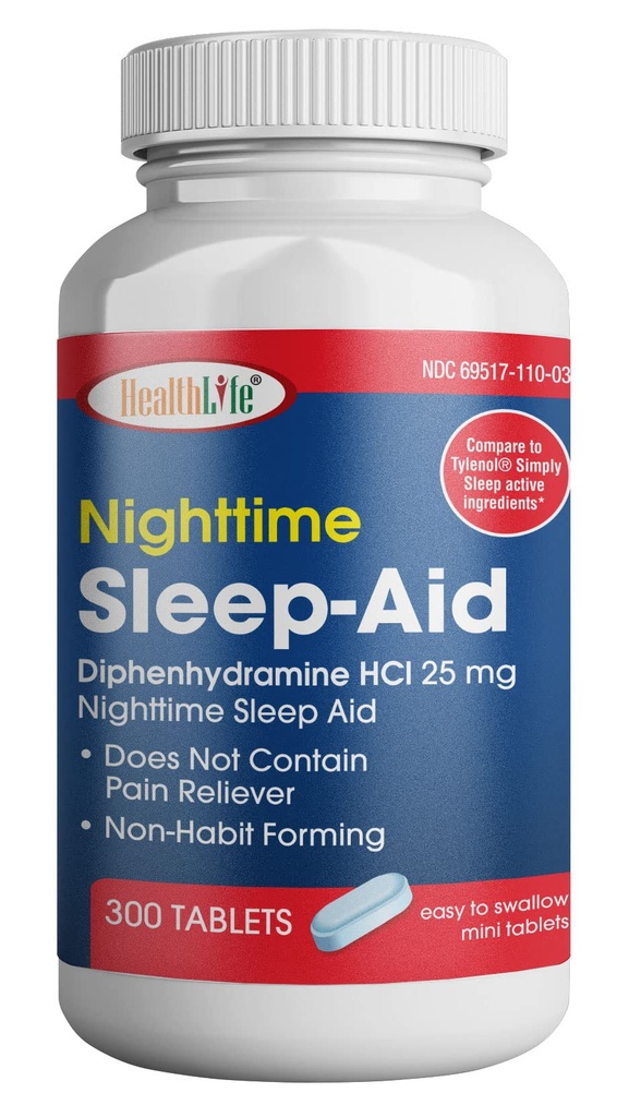 HEALTH LFE HealthLife® 수면 보조 (Diphenhydramine HCl 모자, 25 mg 블루) 300 카운트