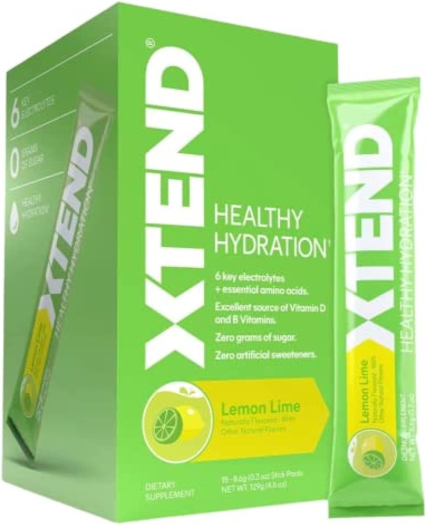 Xtend XTEND Healthy Hydration Lemon Lime | 제설 슈페리어 히스 파우더 팩 | 6 키 일렉트로트로트 드링크 믹스 | 필수 아미노산 | 스포츠 인증된 NSF | 15개 스틱