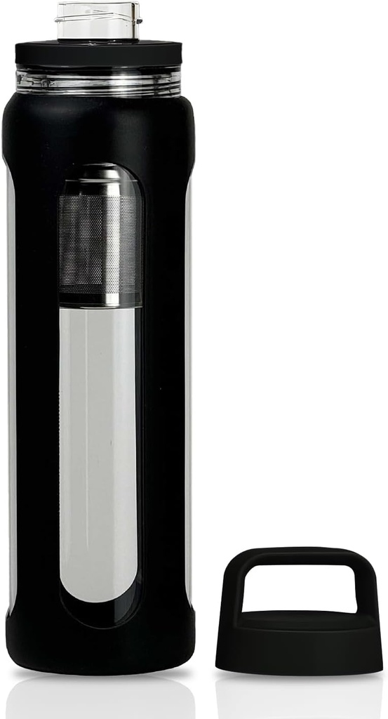 실리콘 슬리브가있는 20oz 유리 물병, 2 Tier 뚜껑이있는 600ml Mug (Wide Mouth and Small Mouth Straight Drinking) - 체육관 요가 야외 활동 (Black)
