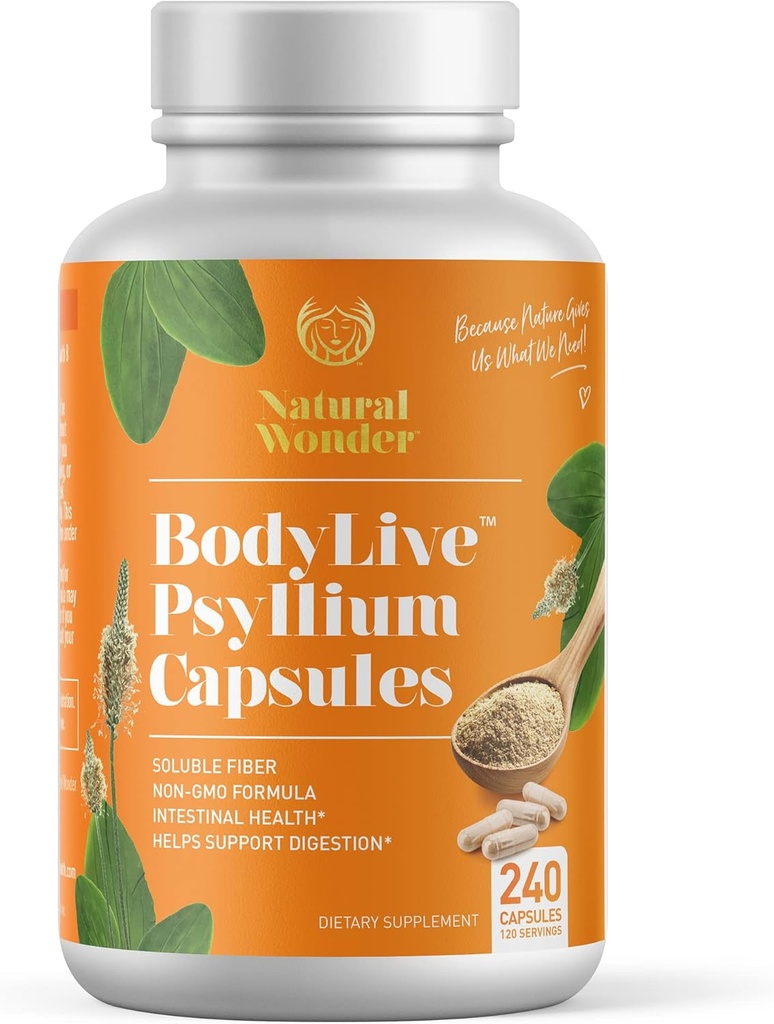 BodyLive Psyllium Husk 섬유 캡슐 비 GMO 725mg, 240 캡슐 (1450mg/serving, 120 서빙) 콜론 클렌징, 일반, 건강한 소화, Prebiotic, Laxative, 심장 건강에 대한 보충