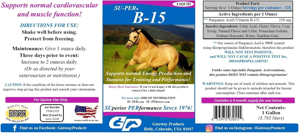 SU-PER B-15 비타민 보충제 - 성능 지원을위한 Equine 비타민 B-15 액체 - 정상 심혈관 면역 및 근육 기능 지원 - 1 갤런, 4 개월 공급 (120 일)