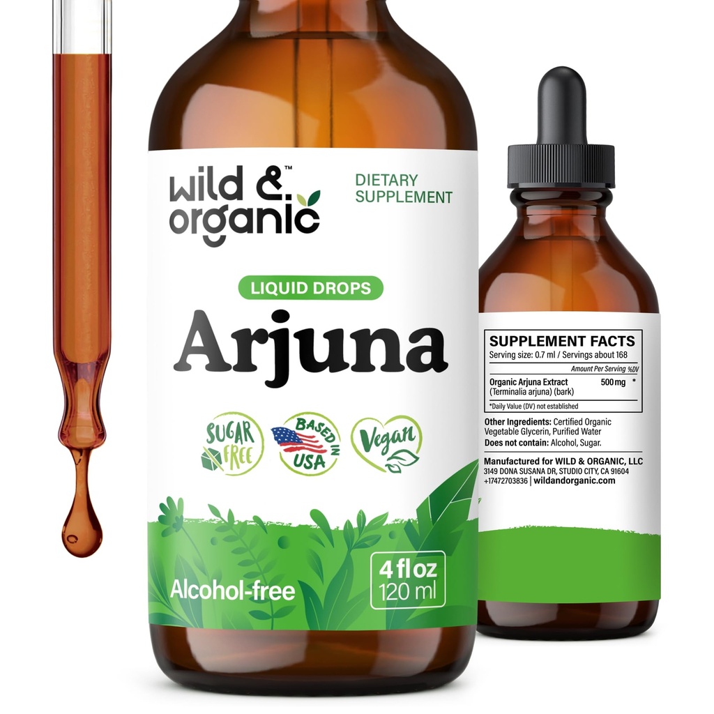 Wild & Organic Arjuna Bark Tincture - 전체 웰빙 보충 - 알코올 무료 액체 드롭 - Terminalia Arjuna Bark Extract - 설탕 및 첨가제, 비 GMO 없음 - 4 fl oz