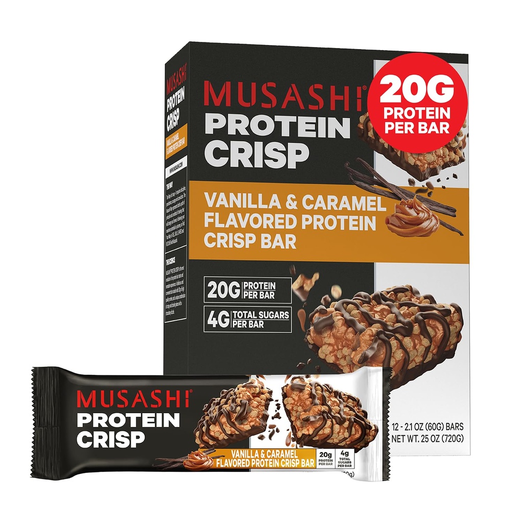 MUSASHI Protein Crisp Bar, 20g Protein, 4g Total Sugar, Vanilla & Caramel, Go, 12 Pack of 2.1oz (60g) Bar에 포스트 운동 및 스낵
