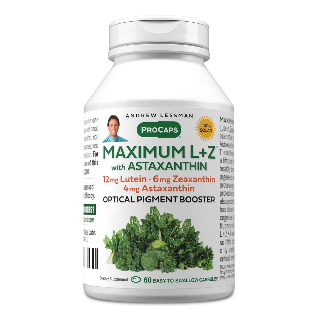 ANDREW LESSMAN 최대 L + Z Astaxanthin 60 Softgels - 12mg Lutein, 6mg Zeaxanthin, 4mg Astaxanthin. 눈과 뇌 건강을 지원하고 건강한 비전을 촉진하는 중요한 영양소.
