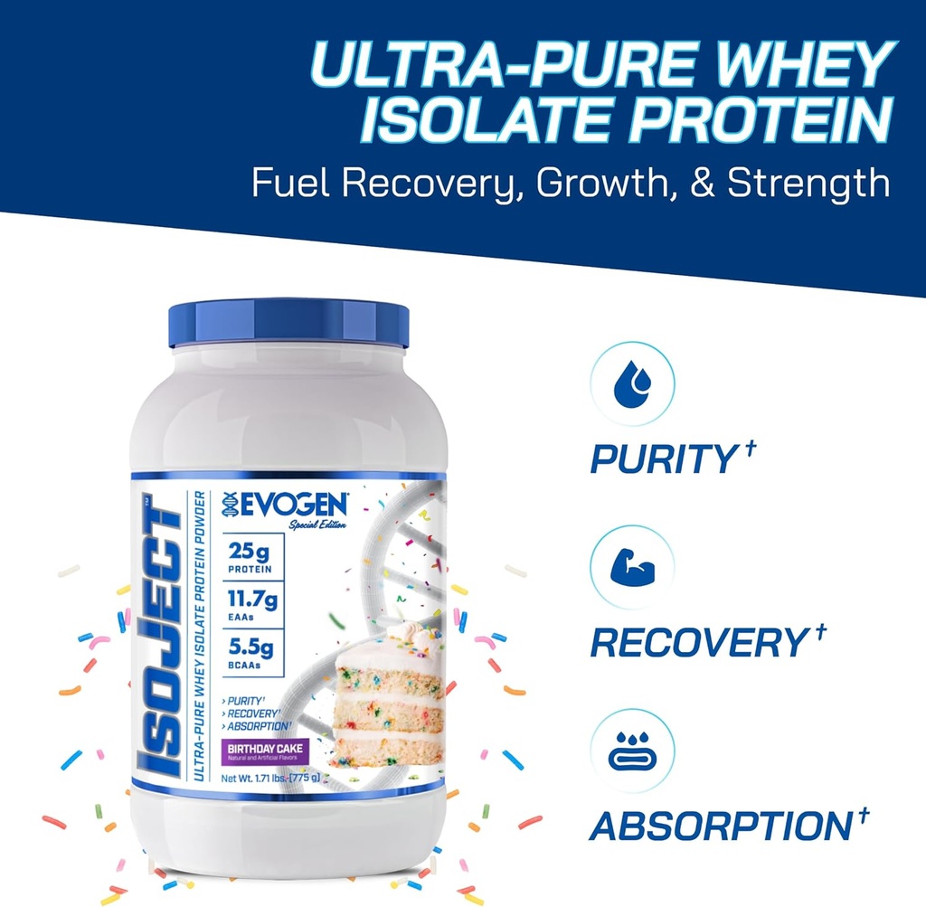 Evogen Isoject - Whey Protein Isolate | Ignitor Enzymes, BCAA 및 EAA를 가진 매우 순수한 Whey Protein Powder | 향상된 흡수 및 복구 | 생일 케이크 | 25 인분