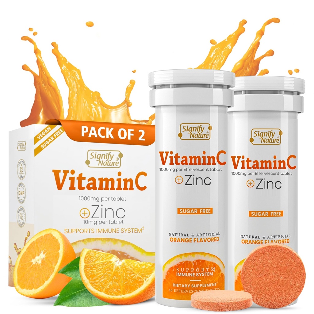 SIGNIFY NATURE 비타민 C 1000mg Effervescent Tablets - 아연 보충을 가진 유력한 면역 지원 VIT C - 설탕 자유로운 & 채식주의자 공식 | Dissolvable 비타민 C 정제 - 수용성 Fizzy Elixir - 20CT