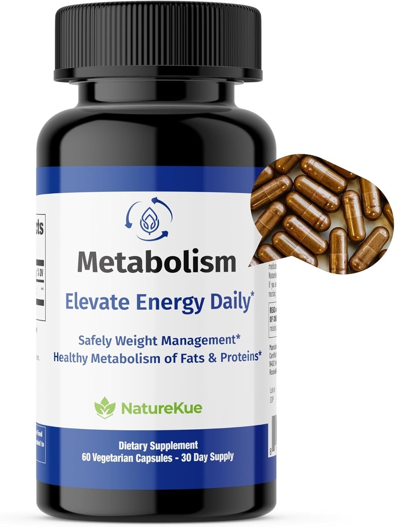 NatureKue Metabolism | 천연 체중 관리 및 에너지 지원 | 면역 및 소화 건강 | Puerh Tea Extract, Green Tea, Metabolism Boost 용 초본 보충 – 60 채식 캡슐