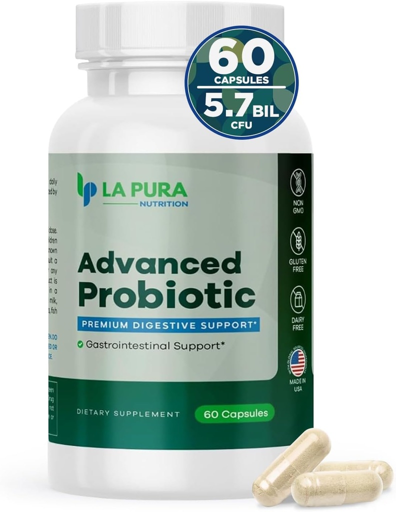 LaPura Advanced Probiotic - Gut & Immune Health의 프리미엄 다이제스트 지원, 60 캡슐 - DE111 Strain (Bacillus subtilis) 포함 5.75 억 CFU 프로바이오틱스 - 비 GMO, 글루텐 - 무료, 미국