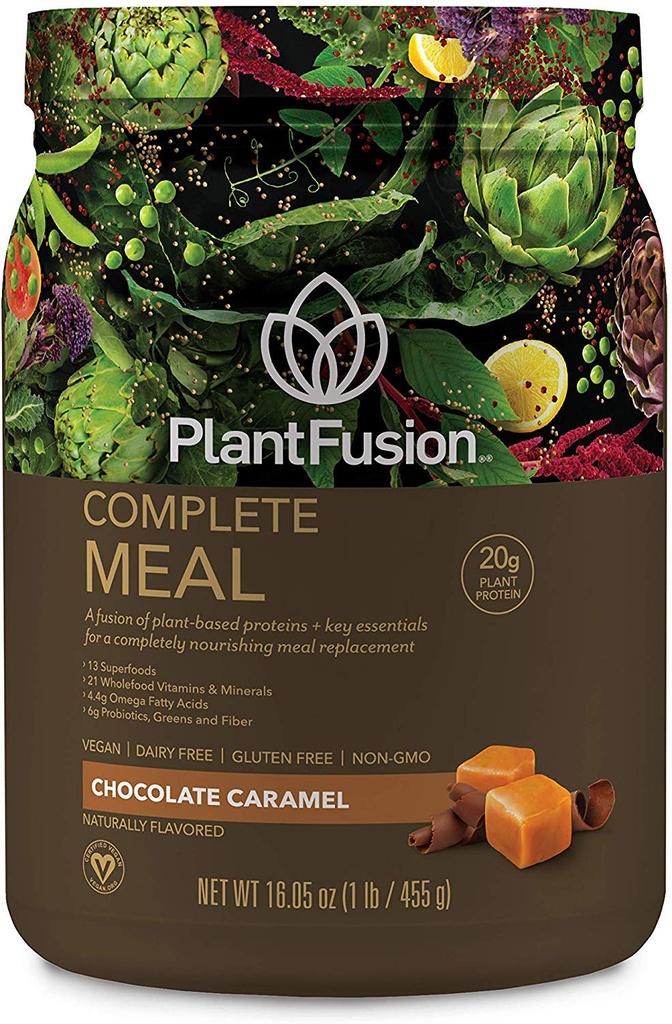 PlantFusion Complete Meal Replacement Shake - Superfoods, Greens & Probiotics가있는 식물 기반 단백질 분말 - Vegan, Gluten Free, Soy Free, Non-Dairy, No Sugar, Non-GMO - 초콜릿 Caramel 1 lb